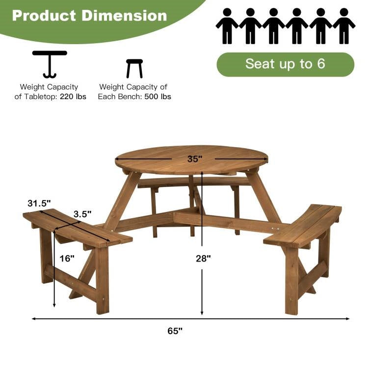 Mesa de picnic redonda de madera maciza para exterior con orificio para sombrilla y 3 bancos