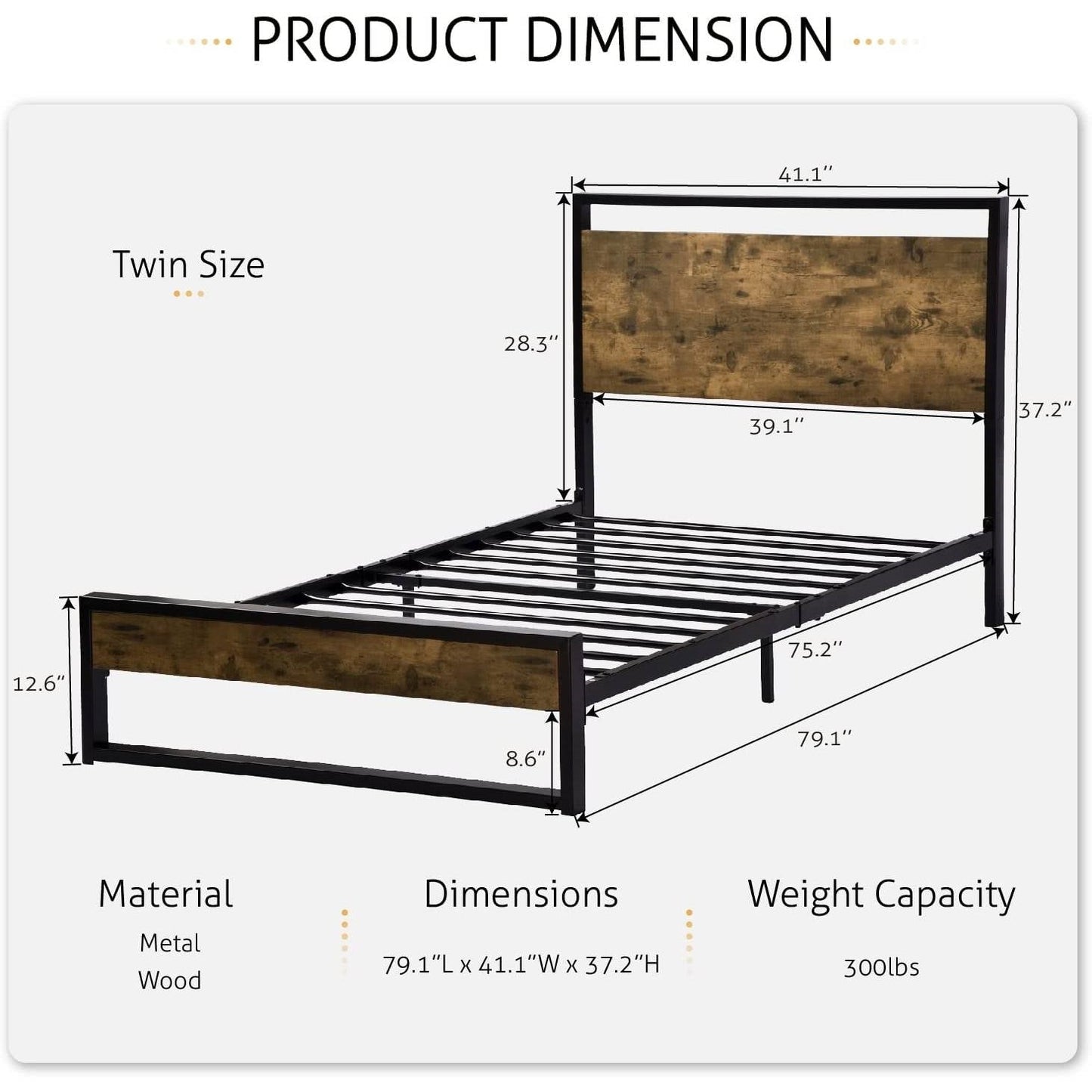 Base de cama de plataforma doble de metal y madera con cabecera industrial