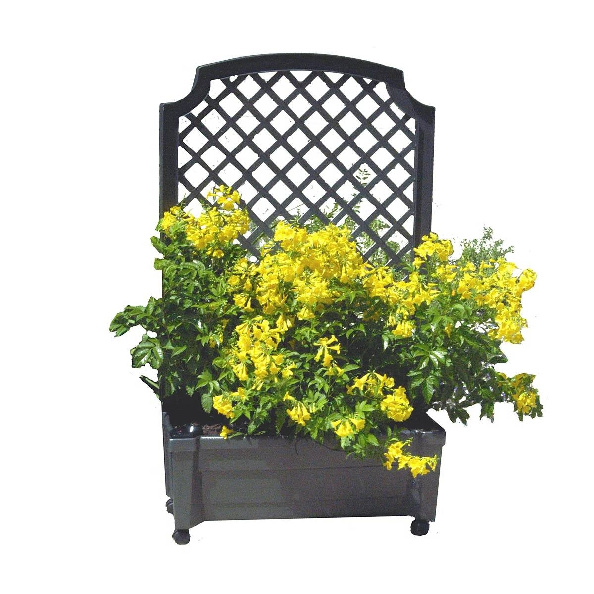 Outdoor Self-Watering Garden Planter with Trellis and Wheels in Grey Plastic
