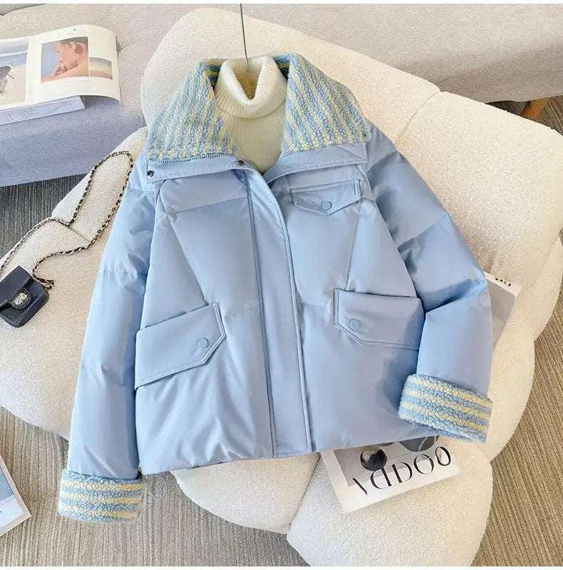 Women Lapel Collar Parkas Jacket Autumn Winter Femme Short Cotton Padded Coat Lady Fashion Long Sleeves Puffer Outwear