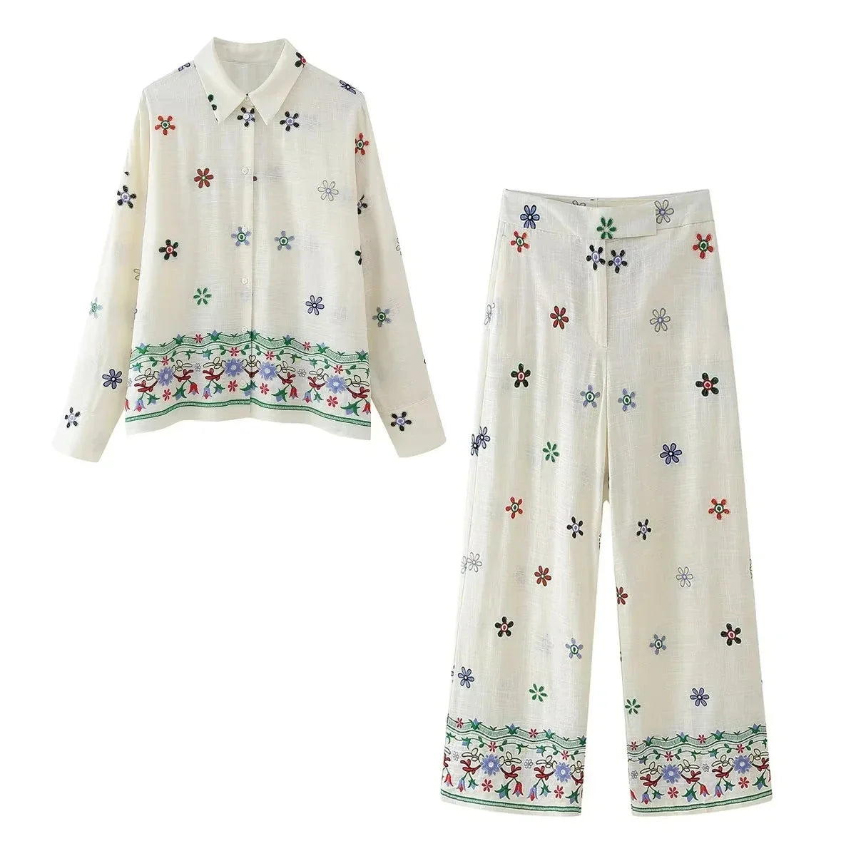Foridol Floral Embroidery Women Shirt Pants Set Linen 2 Pcs Outfit Female Matching Set Wide Leg Pants Suit 2025 Casual Set