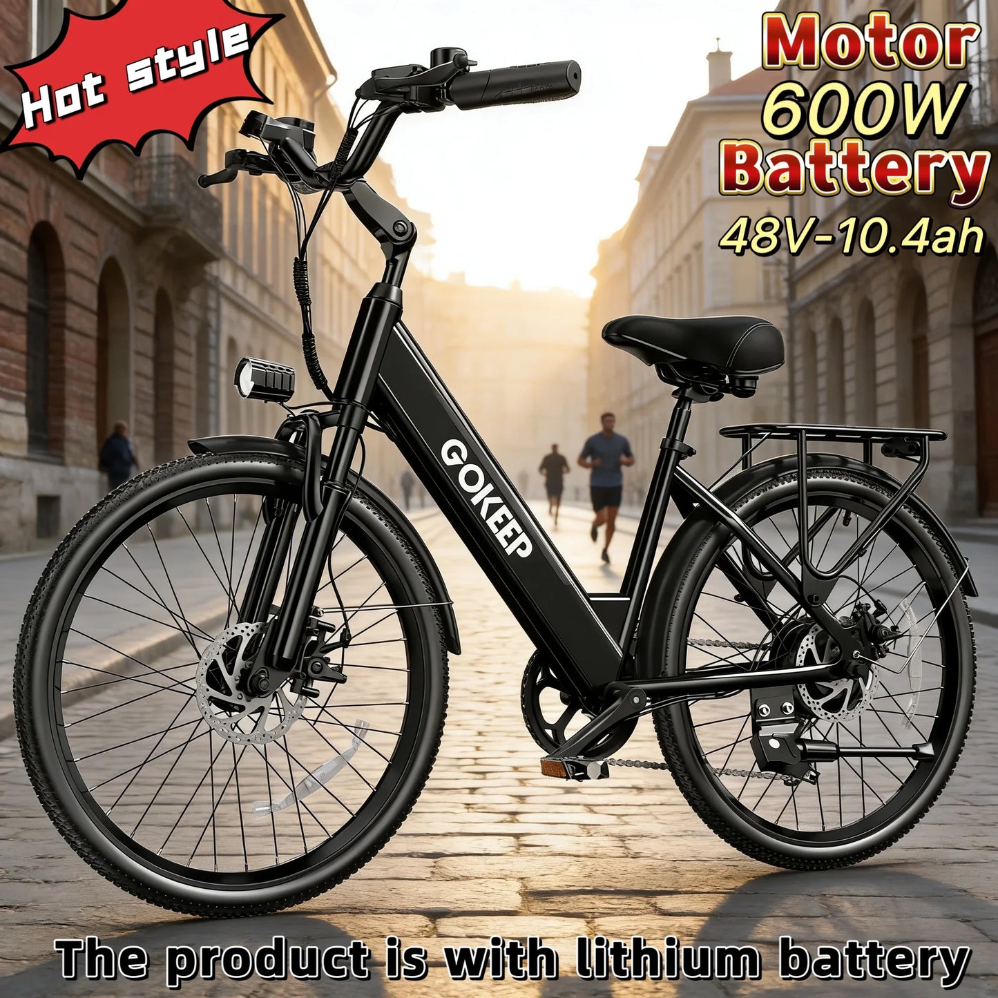 26-inch fashionable E-Bike, 7-speed variable speed adult electric bicycle, 600W brushless motor 48V-10.4ah battery electric mope