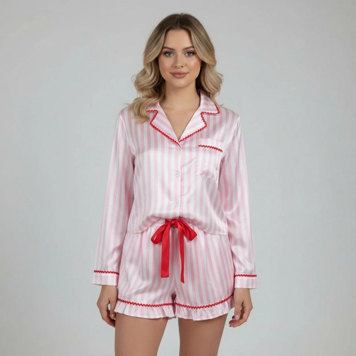 Women 2 Pieces Pajamas Sets fLong Sleeve Lapel V Neck Loose Fit Striped Print Tops with Elastic Waist Shorts Loungewear