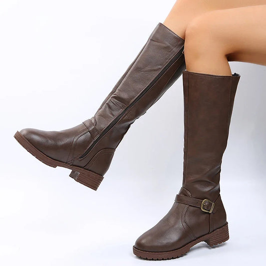 Vintage Brown Women Knee High Boots Big Size Low Heels Platform Long Boots Autumn Winter Pu Leather Women Warm Booties