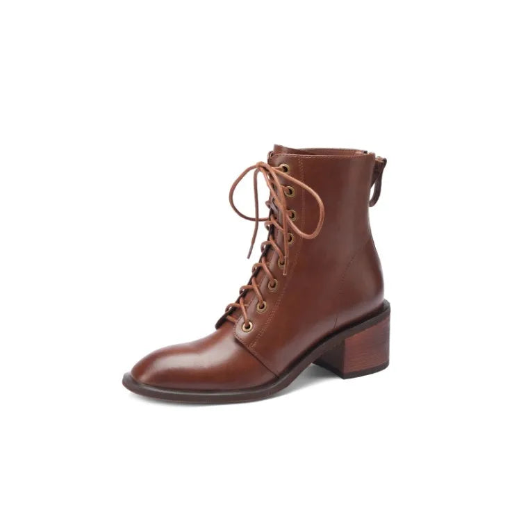 Women's Round Toe Split Leather Boots with Chunky Heels