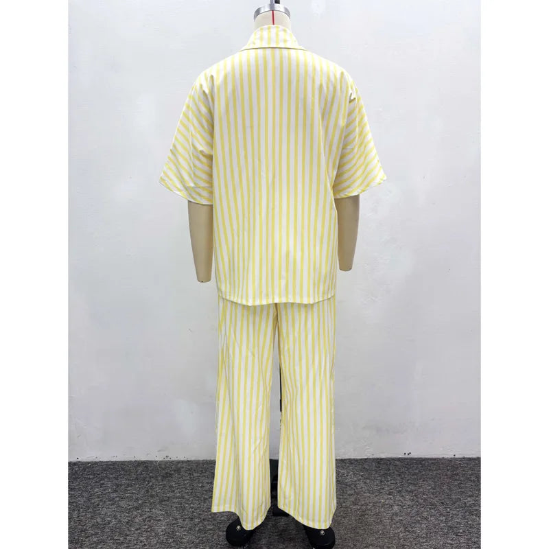New African Fashion Women Two Piece Set Yellow Striped Printed Loose Shirt Top and Wide Leg Pants Set Outfits