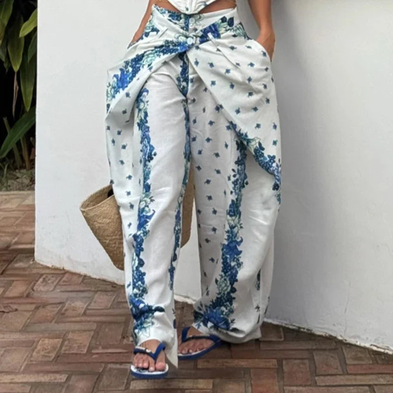 Urban Print Top Pants Women Set Sling Backless Slash Neck Blouse Wide Leg Trousers 2026 Spring Summer Holidays Lady Outfit