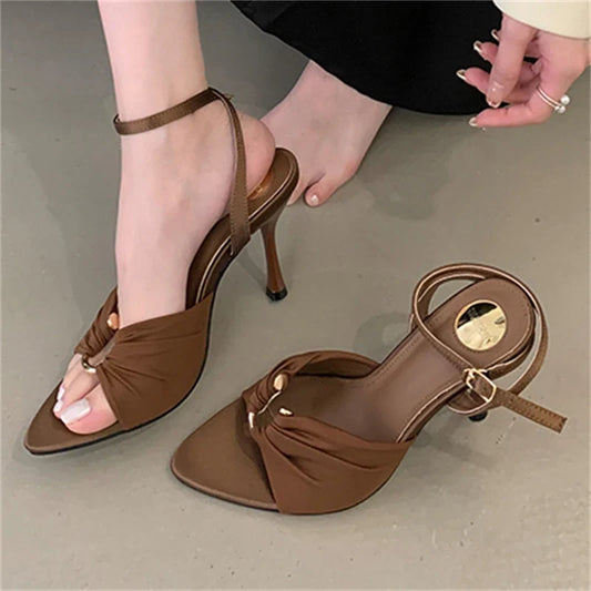 Eilyken Summer Fashion Thin Heels Pleated Hollow Out Buckle Strap Women Sandals Pointed Toe Banquet Party Female Shoes 6CM 9CM