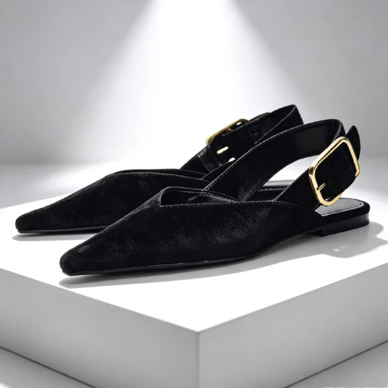 Fashion Metal Buckle Design Flat Sandals Women 2026 New Brown Suede Pointed Toe Slingback Designer Shoes Comfortable Women Shoes