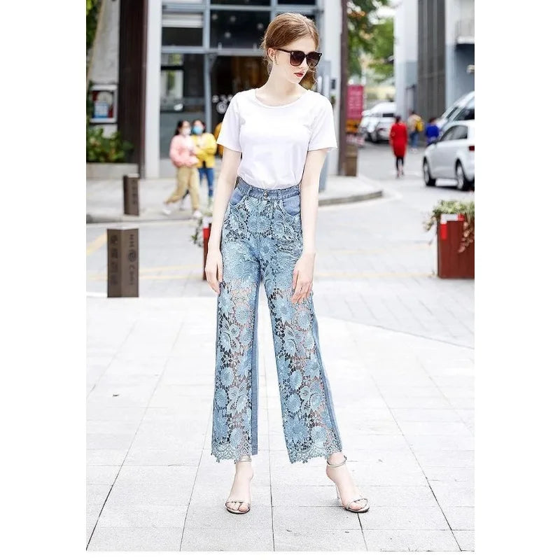 Women'sHigh Waist Lace Panel DenimWide Leg Pants with Floral Cutout Design,Summer Breathable Straight LegTrousers for Daily Wear