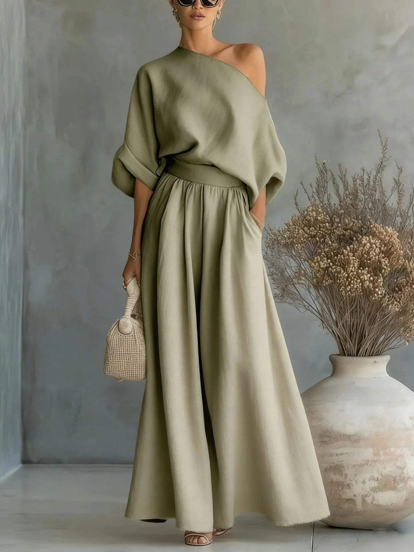Pant Set Women Elegant Two Piece Sets Skew Collar Half Sleeve Shirt Wide Leg Long Pants Tight Waist Y2k Streetwear Work 2026