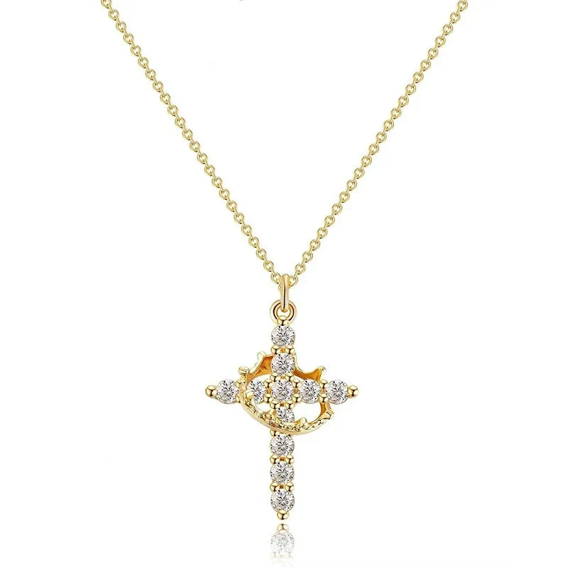 Exquisite Crown Cross Rhinestone Rotating Necklace for Women Fashion Copper Stainless Steel Necklace Party Banquet Jewelry Gift