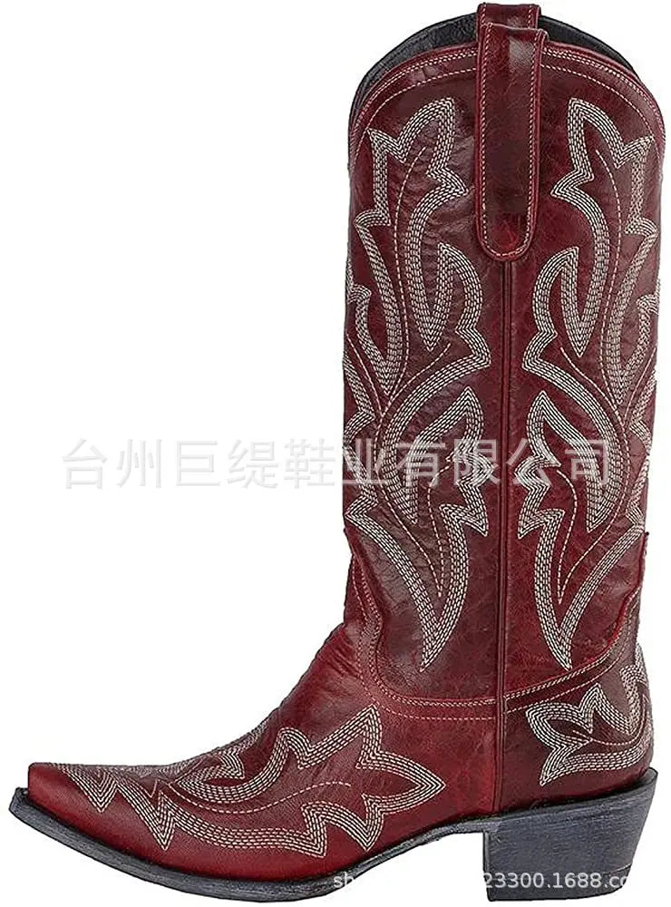 Botas de cowboy bordadas para mujer, hasta la rodilla, a media pantorrilla, botas vaqueras vintage de tacón, zapatos casuales de tacón grueso para otoño