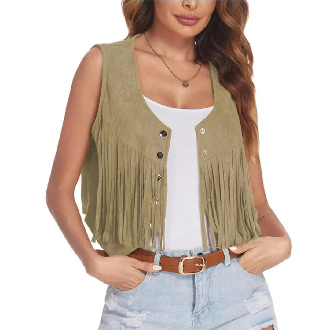 Women Faux Suede Ethnic Sleeveless For Jacket Rivet Fringe Tassels Hippie Open Front Cardigan Vintage Cowgirl Waistcoat Vest