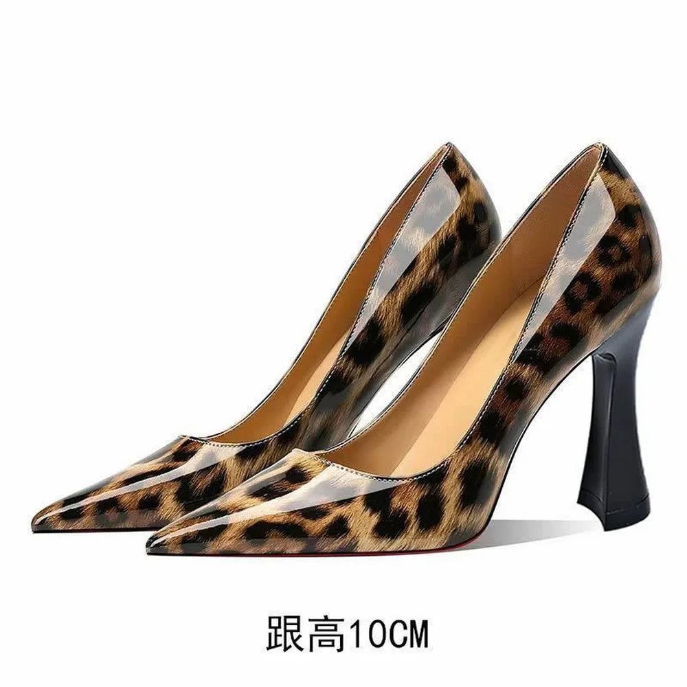 10cm/8cm Patent Leather Leopard Square High Heels,Women Pumps,Sexy Shallow Shoes,Pointed Toe,Slip On,Brown,Size 35-43,Dropship