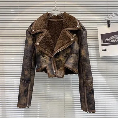 Faux-Leather Shearling Moto Jacket Cropped Winter Biker Coat