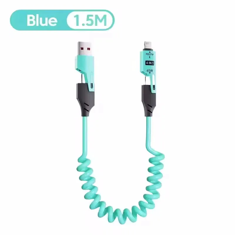 4 in 1 65W Spring Short Data Cable 6A USB Type C Spring Telescopic Quick Charger Wire Spring USB Cable for iPhone 16 15 14 13