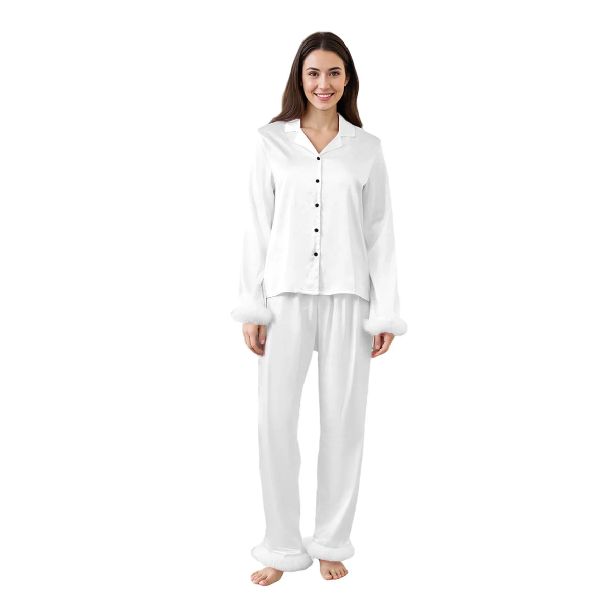 Women Satin Fall 2 Piece Pajama Set Fuzzy Trim Long Sleeve Button-up Tops and Elastic Waist Pants Casual Sleepwear Outfit