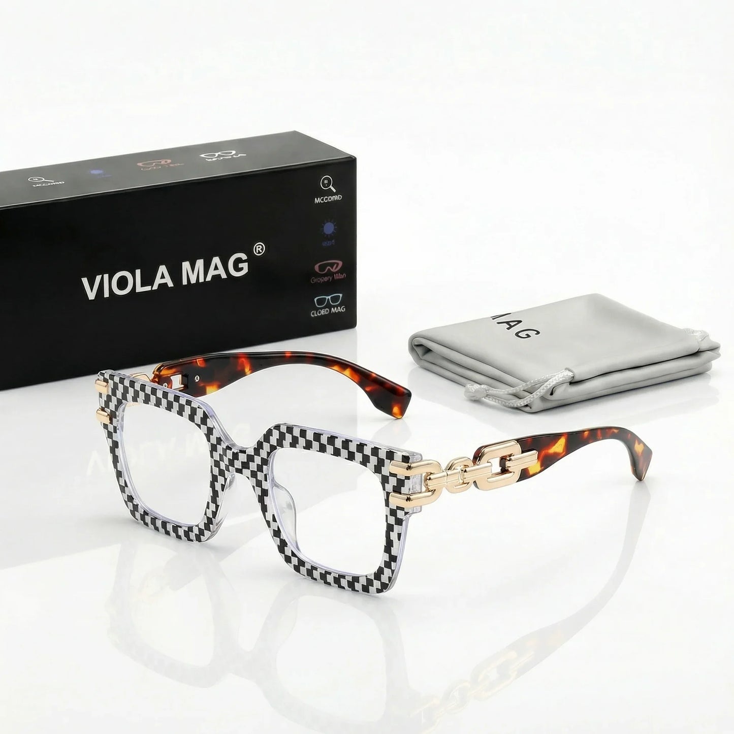 VIOLA MAG Large Frame Square Reading Glasses Chain Decoration, Anti Blue Light Commuting Street Photography Daily, With Box and