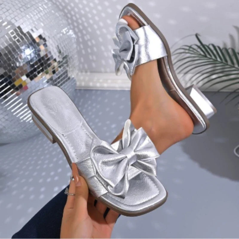 Elegant Big Bow Knot High heels Slippers Women White Slides Woman Plus Size Soft Sole Non Slip Summer Sandal Mujer Shoes
