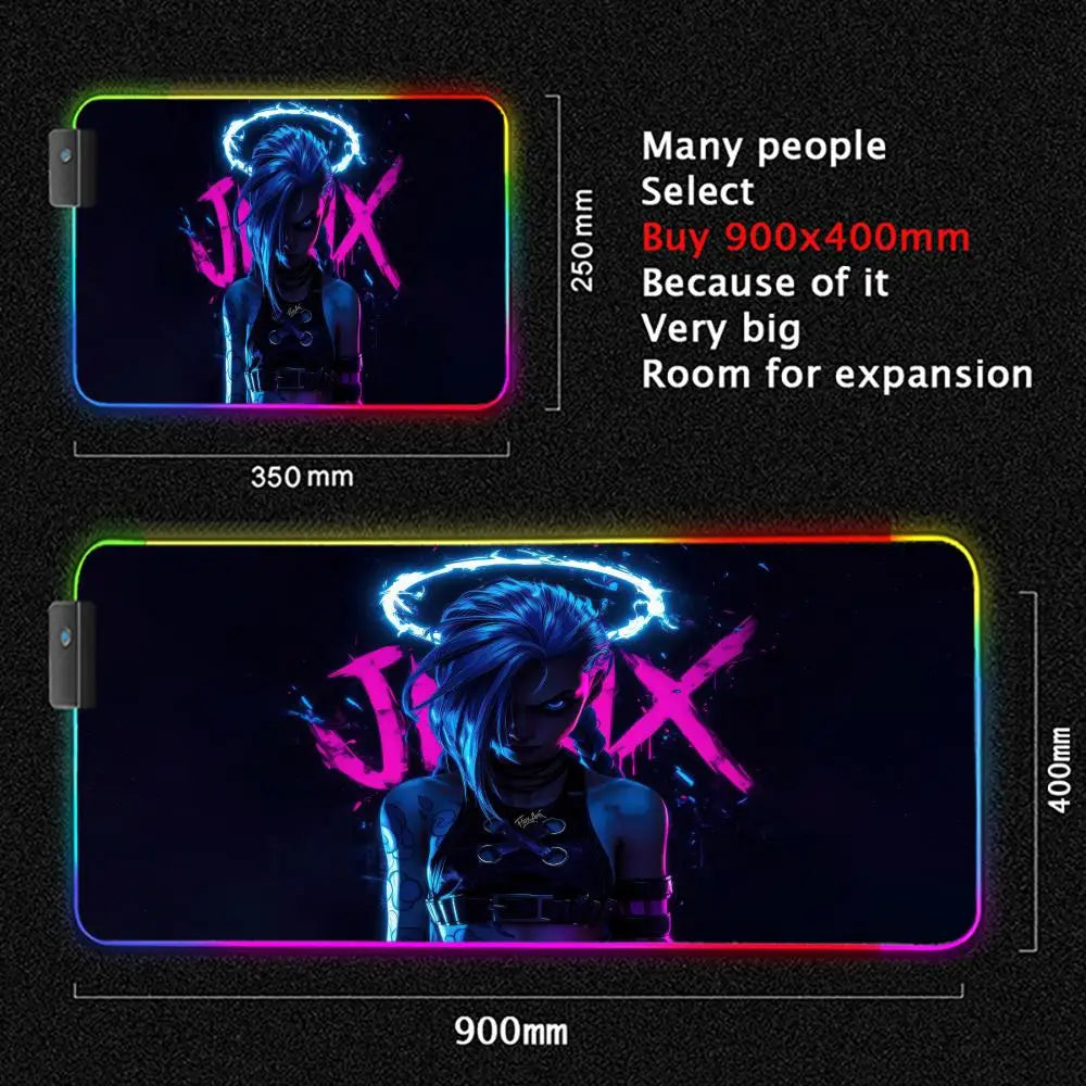 Arcane Jinx LOL Mouse Pad RGB Keyboard Cover Colorful MousePad LED Light E-sports Mousepad Computer Gamer Glow Long Desk Mat