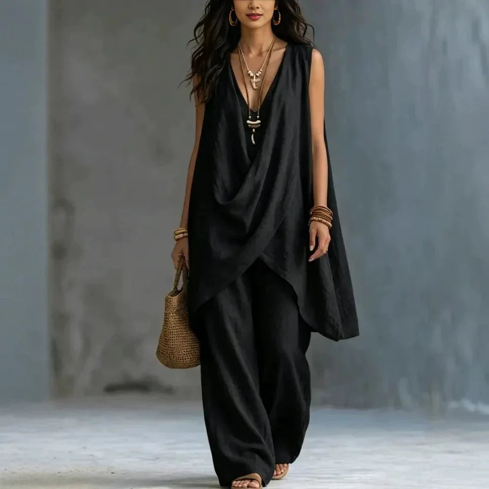 2026 Summer Linen Cotton Sleeveless Stand Collar Set Women Casual Loose Fit Solid Wide Leg Pants Vacation Outfit