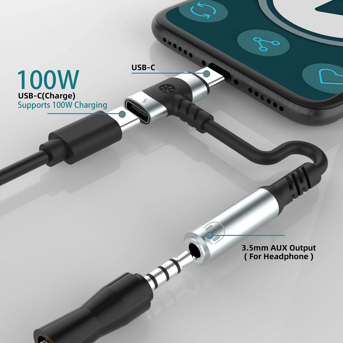 2-In-1 USB-C To 3.5mm Audio Adapter 100W PD Fast Charging Aux Mic Jack For Smartphone Tablet