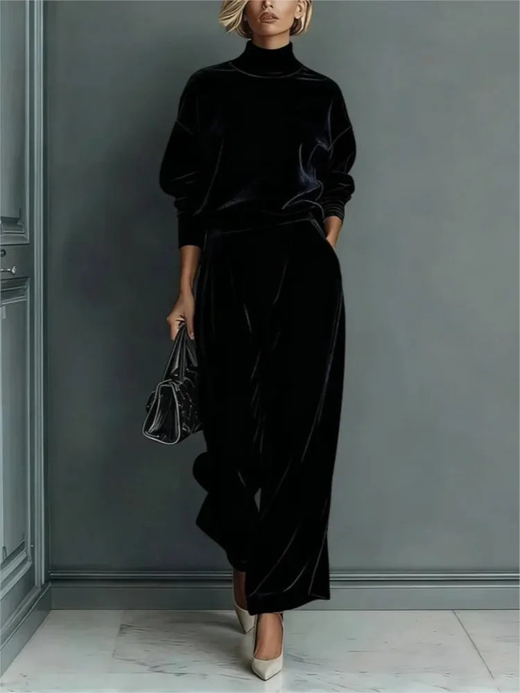 Autumn Winter Fashion High Collar Gold Velvet Long Sleeve Women's Suit Casual Sports Wide Leg Trousers Female Office 2 Piece Set