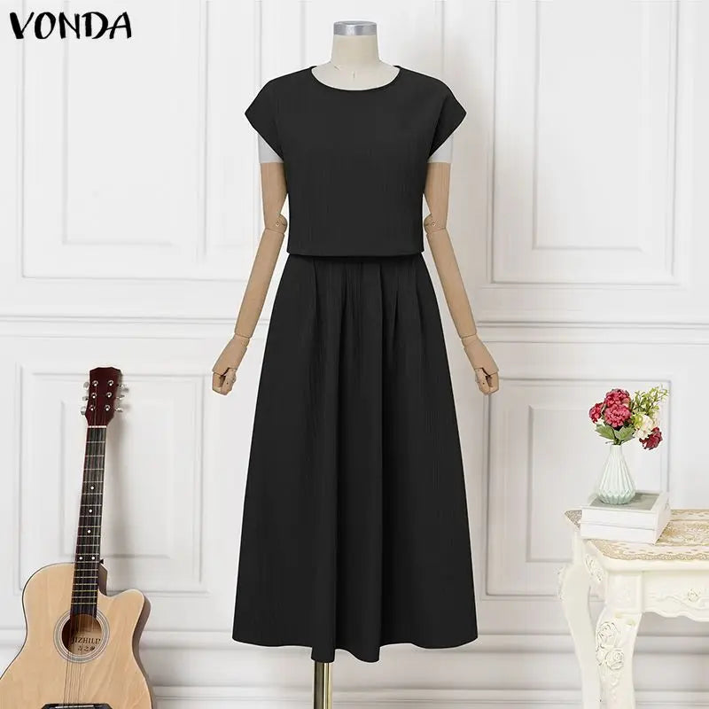 VONDA Women Plus Size Sets Elegant 2PCS Solid Color Two-piece Outfits Short Sleeve Summer Tops Long Skirts Streetwear Dress Sets