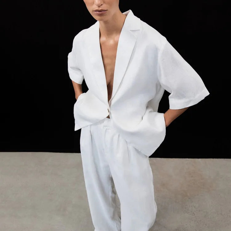 2026 New Cotton Turn-Down Collar Half-Sleeve Top Wide-Leg Pants Two-Piece Set Women, Simple And Fashionable Commuting Outfit For