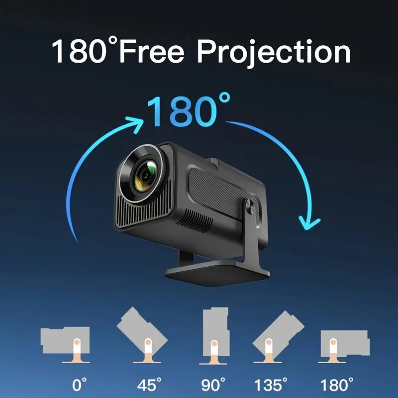 Smart Portable Projector Featuring Native 720P Resolution, Android 11 OS, Wi-Fi 6 And Bluetooth 5.4 Support, 180° Rotation, And Built-in Netflix And YouTube Apps.