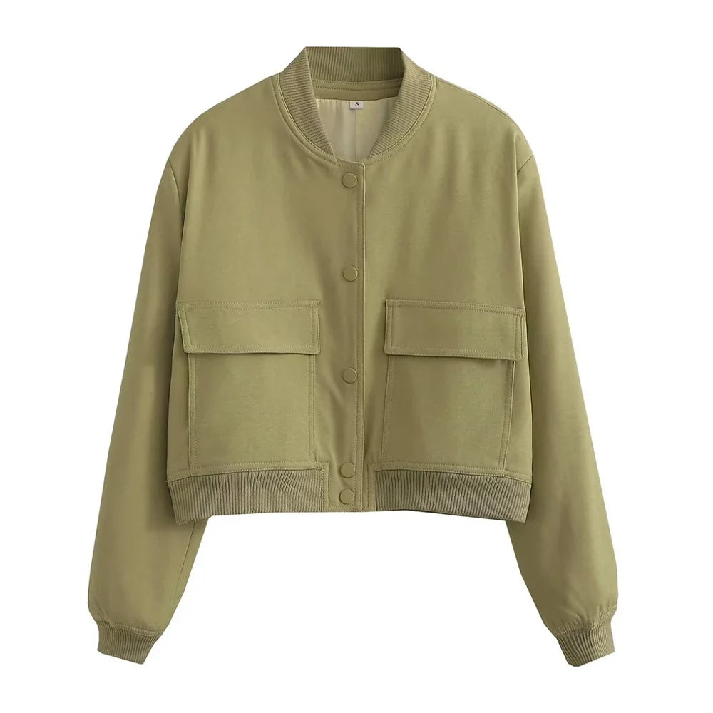 Women Fashion With Pockets Bomber Jacket Coats Vintage Long Sleeve Front Button Casual Female Outerwear Chic Tops