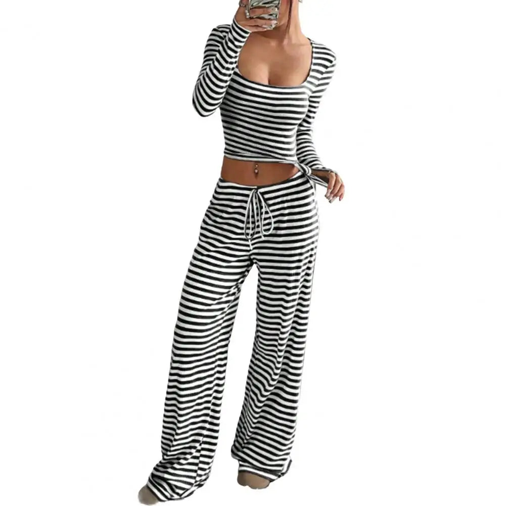 Women's Striped 2 Piece Outfits Long Sleeve Square Neck Cropped Top Drawstring Wide Leg Pants Set Casual Lounge Lady Sweatsuits