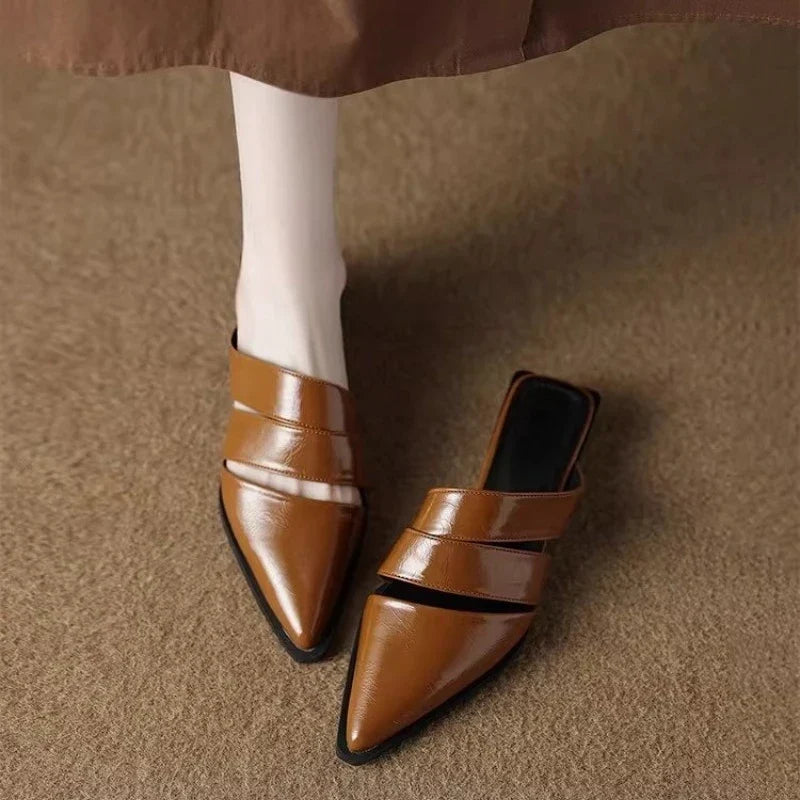 2026 New French Chunky Heel Pointed Toe Mule Slippers Women Fashion Spring Summer Retro Shoes Scuff Slippers