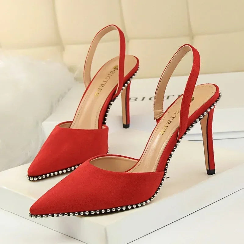 Branded Rivet Studded Beaded Design Sandals Women Summer Sexy Pointed Toe Thin High Heels Elegant Wedding Slide Pumps for Ladies