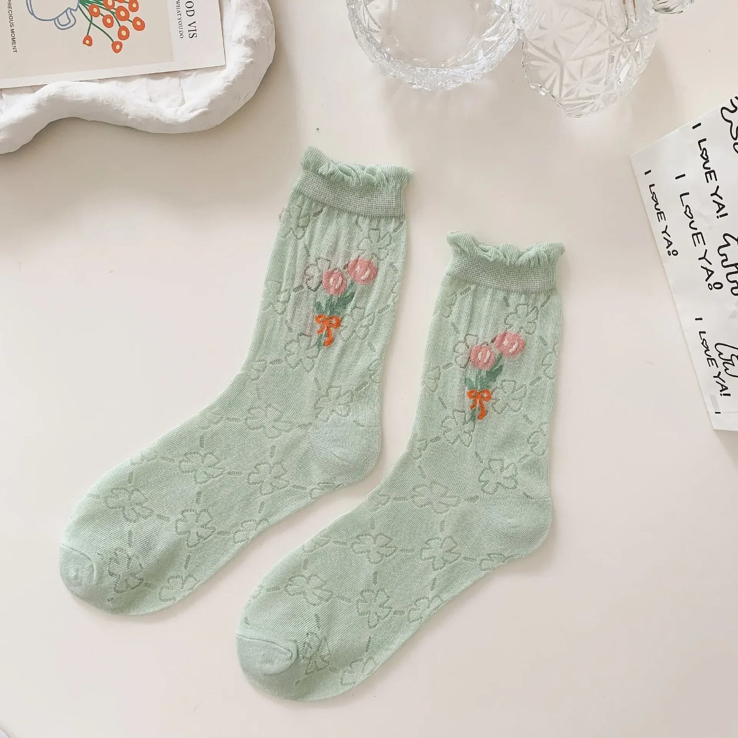 Transparent Crystal Silk Socks Women Fashion Ultra-thin Summer Harajuku Crew Socks Flower Streetwear Elastic Long Mesh Socks