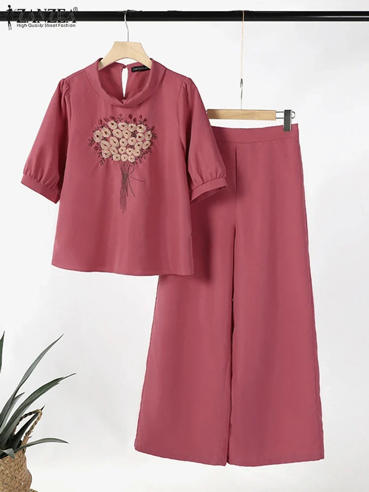 ZANZEA Fashion Short Sleeve Floral Embroidery Blouse Wide Leg Pants Sets 2PCS Women Summer Tracksuit Casual Loose Trousers Suits