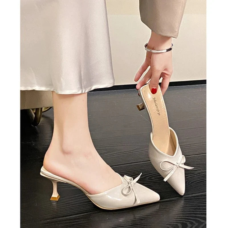 Patent Leather Bowknot Mule Slides Woman Pointed Toe Kitten Heel Pump Sandals Ladies Bright Color Evening Party Dress Shoes
