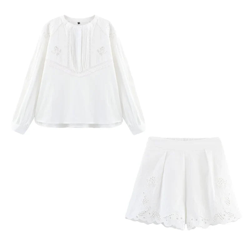 Foridol White Cotton Shorts Set Outfits Women Hollow Out Embroidery Two Pieces Set Outfits Shirt Shorts Matching Set Summer