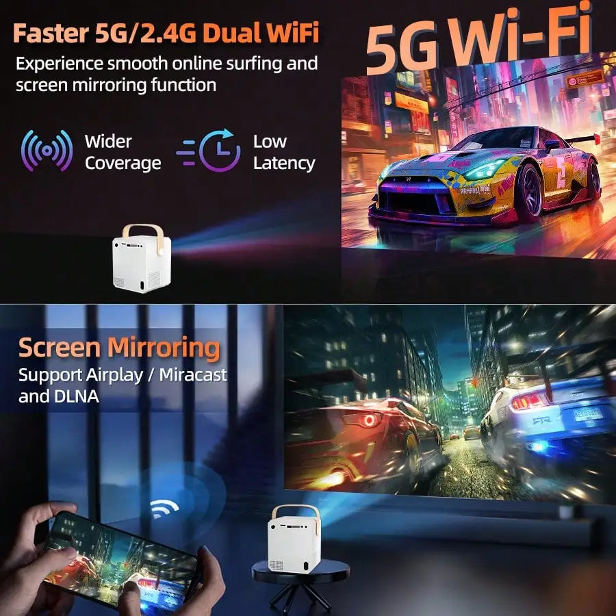 4K Ultra HD 5G WiFi Home Projector Multi Functional Home Cinema Support HD USB Port Wireless Cast Android IOS Phone Direct Projection On White Wall For KTV Gaming Online Class Bedroom Dorm Entertainment Device