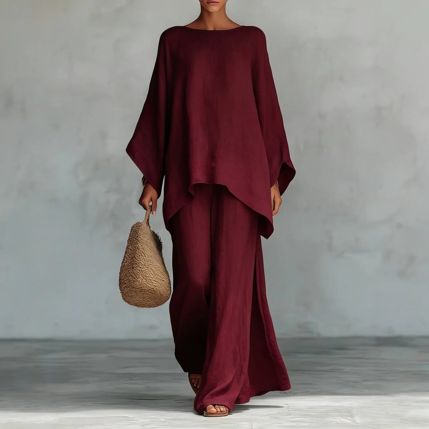 Women's Elegant Loose Round Neck Top Wide Leg Pants Set Casual Simple Long Sleeve Solid Color Two-Piece Set