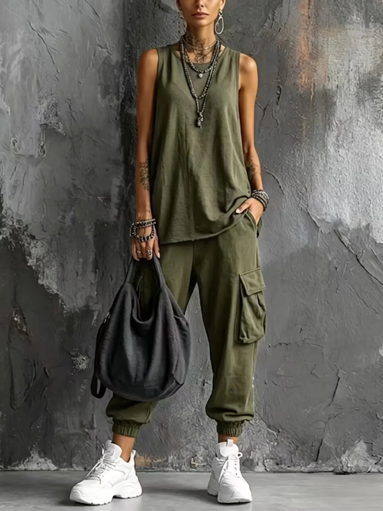 Boho Vacation Summer Sport Outfits Woman O Neck Sleeveless Top Big Pocket Capri Pants Sets Spring Casual Loose Suit Harajuku