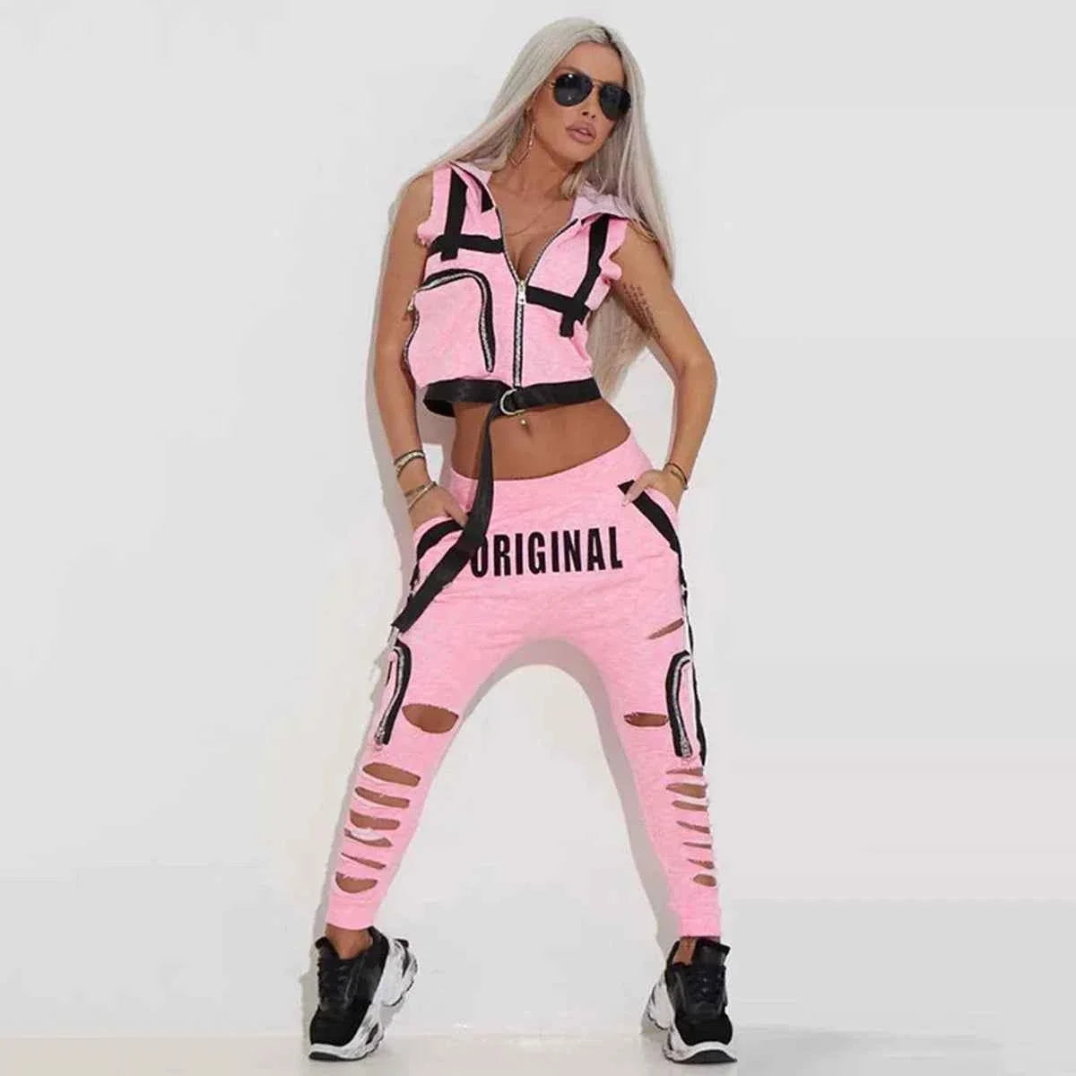 Women’s Hooded Vest & Ripped Pants Set Streetwear