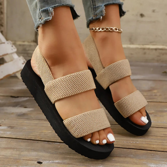 Ladies Elastic Flat Sandals Simulated Grass Weave Lightweight Beach Casual Shoes Classic Black