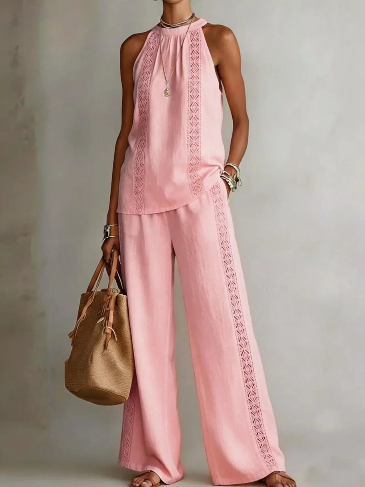 Sexy Halter Neck Sleeveless Tops Women's Suit Summer New Fashion Loose Retro Hollow Lace Pocket Wide Leg Pants 2-piece Set 2026
