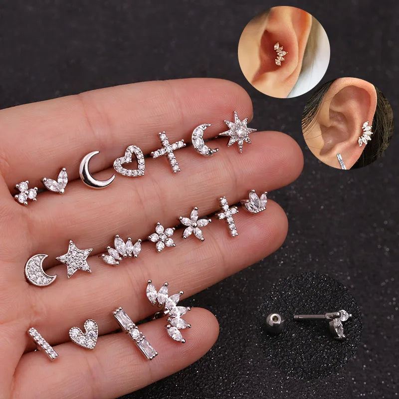1PC Korean Stainless Steel Mini Zircon Cartilage Ear Stud Earrings for