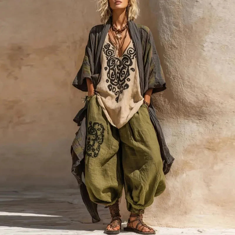 Summer Short Sleeve Loose Robe Set Woman Sexy V Neck Slit Top+Wide Leg Pants+Long Cardigan 3 Piece Suit Spring Print Chic Outfit