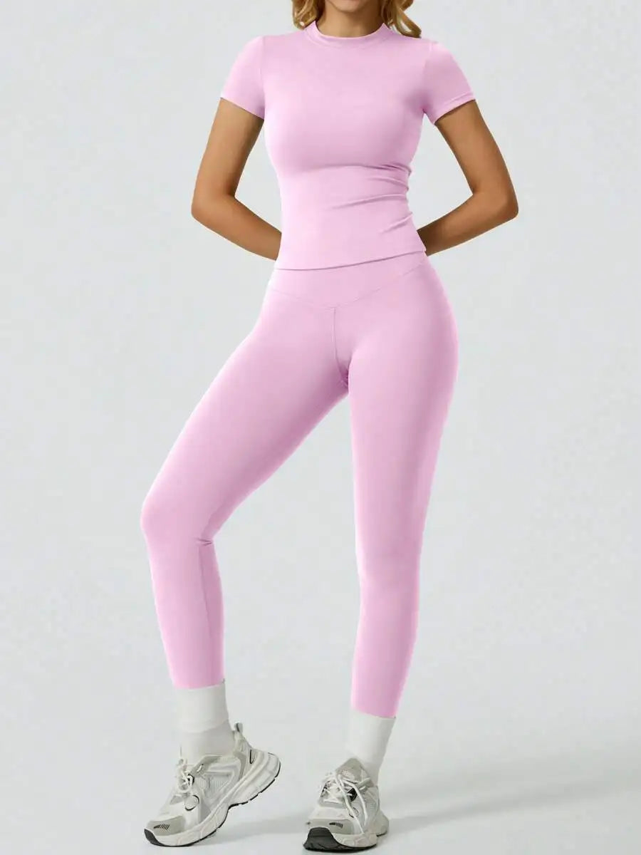 2 Piece Yoga Set Women Short Sleeve Top High Waist Leggings Gym Workout Clothing Tummy Control Fitness Sportswear Activewear Sui