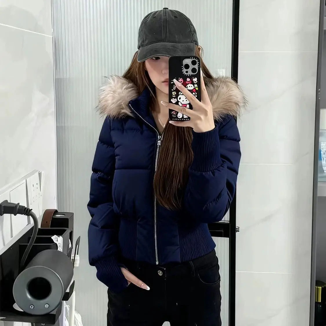 Autumn Winter Fur Collar Hooded Cropped Puffer Jacket Women's Warm Cotton Padded Jacket Short Top Windproof Coat Y2K High Waist