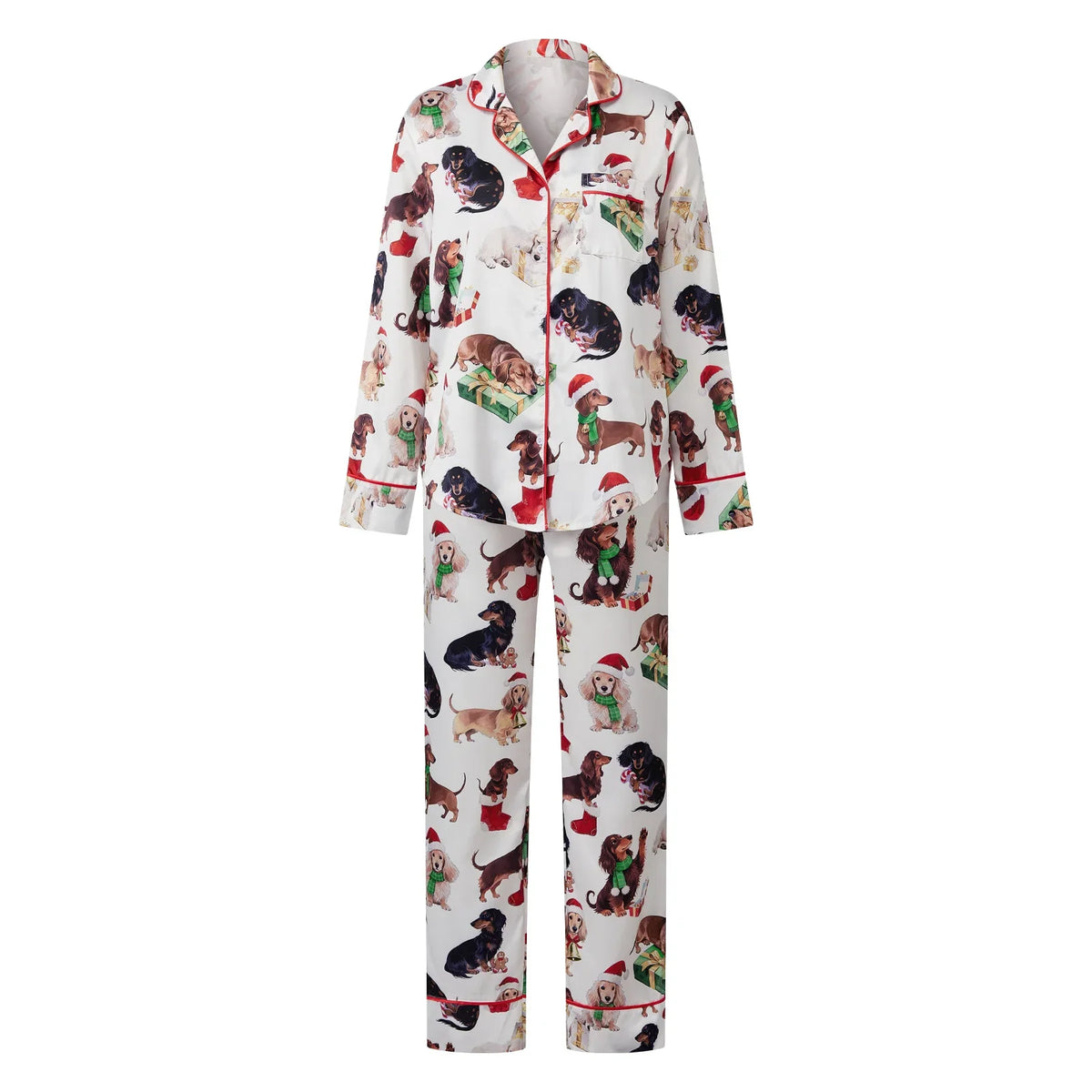 Women Christmas Two Pieces Pajama Set Bow/Dog/Snowman Print Long Sleeve Shirt with Pants Sleepwear Loungewear